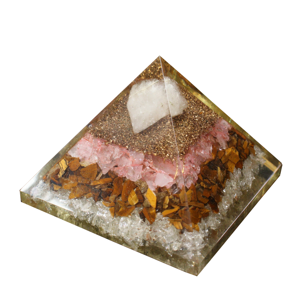 Quartz, Tiger Eye & Pink Quartz Resin Pyramid