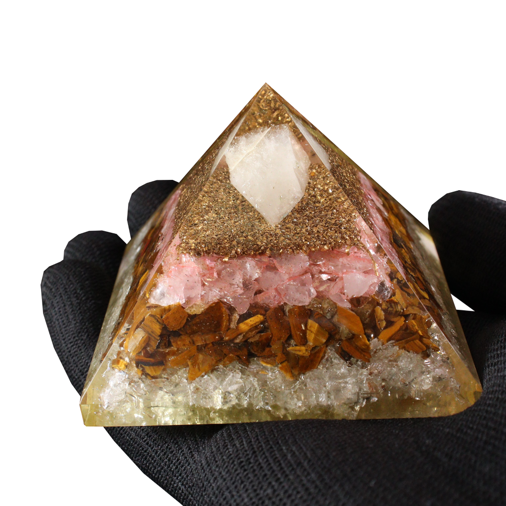 Quartz, Tiger Eye & Pink Quartz Resin Pyramid